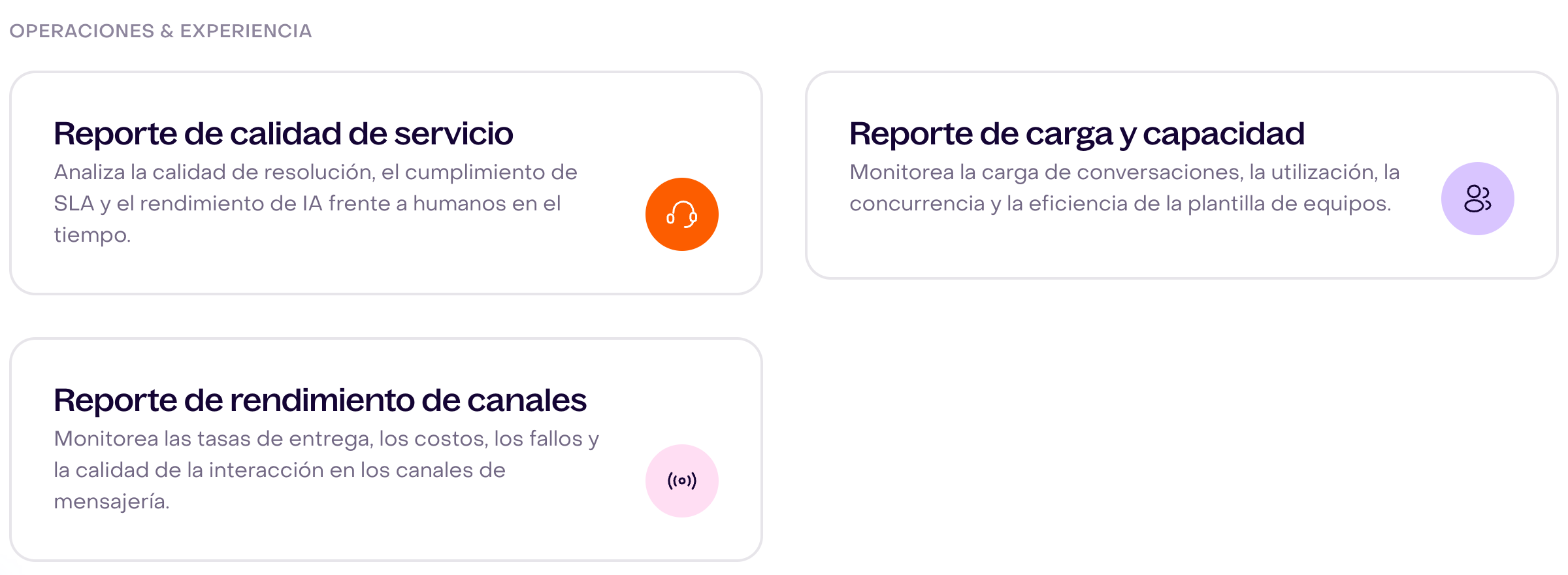 Grupo Operaciones y Experiencia con las tarjetas Reporte de calidad de servicio, Reporte de carga y capacidad y Reporte de rendimiento de canales.