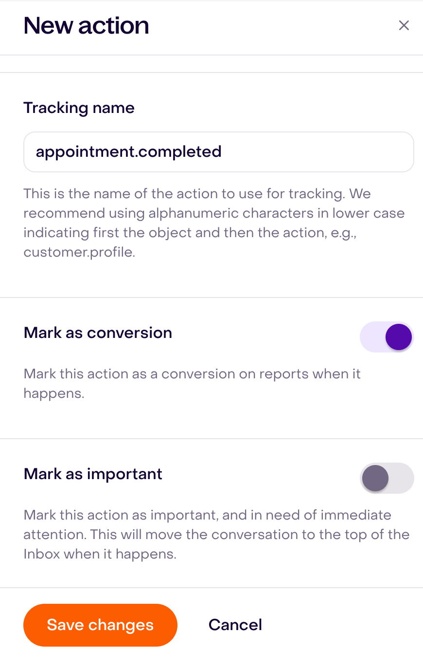Unsaved New action form: Tracking name appointment.completed, Mark as conversion on, and Mark as important off.