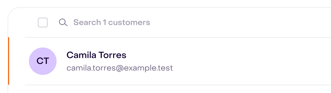 Audience search control and the selected Camila Torres row, a fictional profile with an example email address.