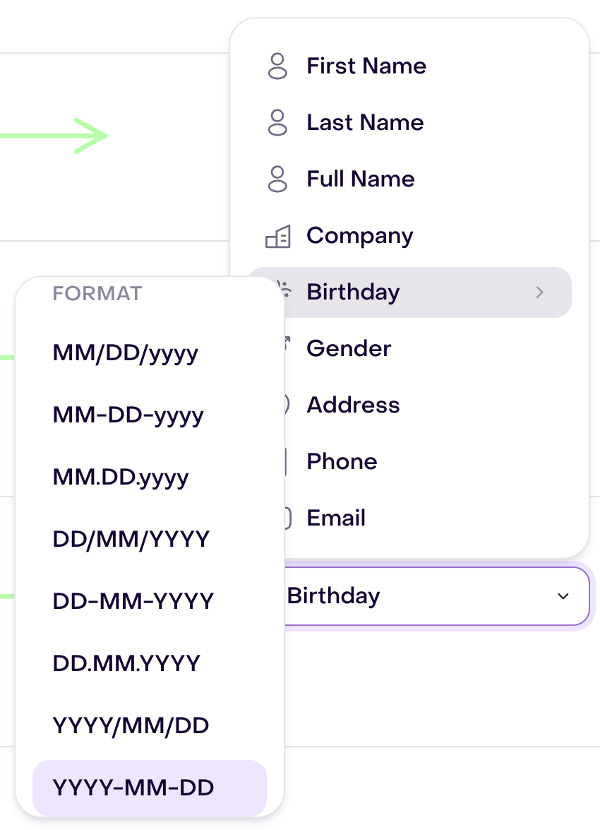 Property menu open at Birthday with a date format submenu; YYYY-MM-DD is highlighted.