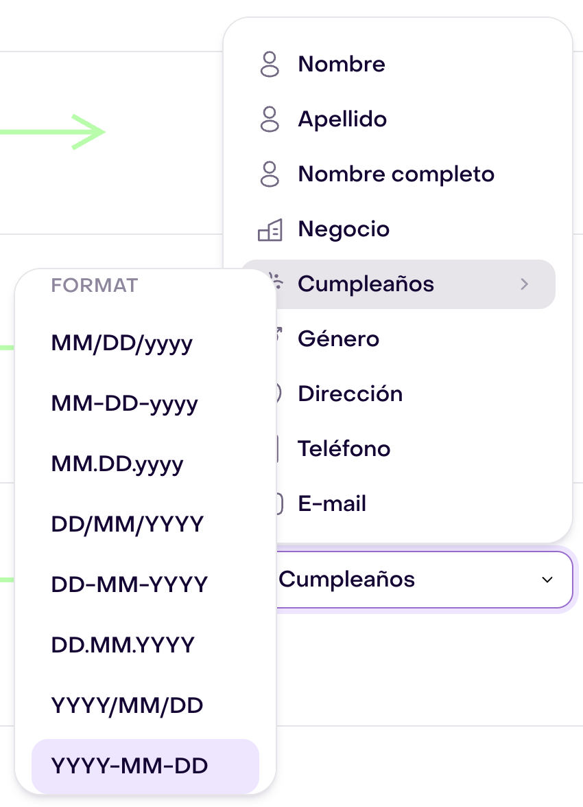 Menú de propiedades con Cumpleaños abierto y un submenú de formatos de fecha; YYYY-MM-DD está resaltado.