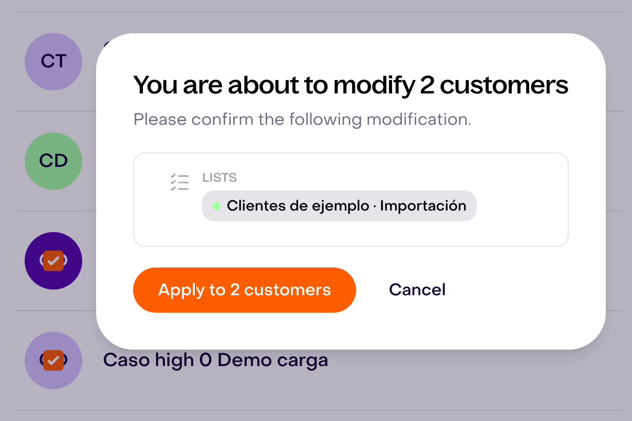 Pending confirmation to add the example list Clientes de ejemplo · Importación to two fictional customers, with Apply to 2 customers and Cancel buttons.