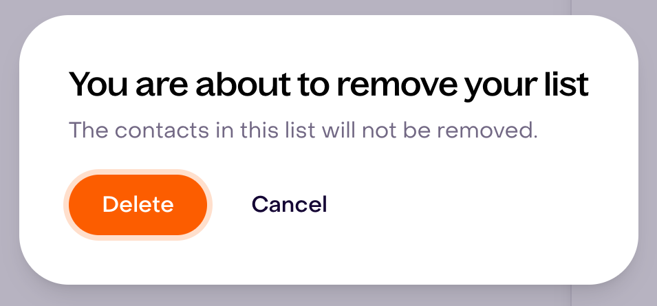List deletion warning explaining that contacts will not be removed, with Delete and Cancel buttons; the list has not been deleted.