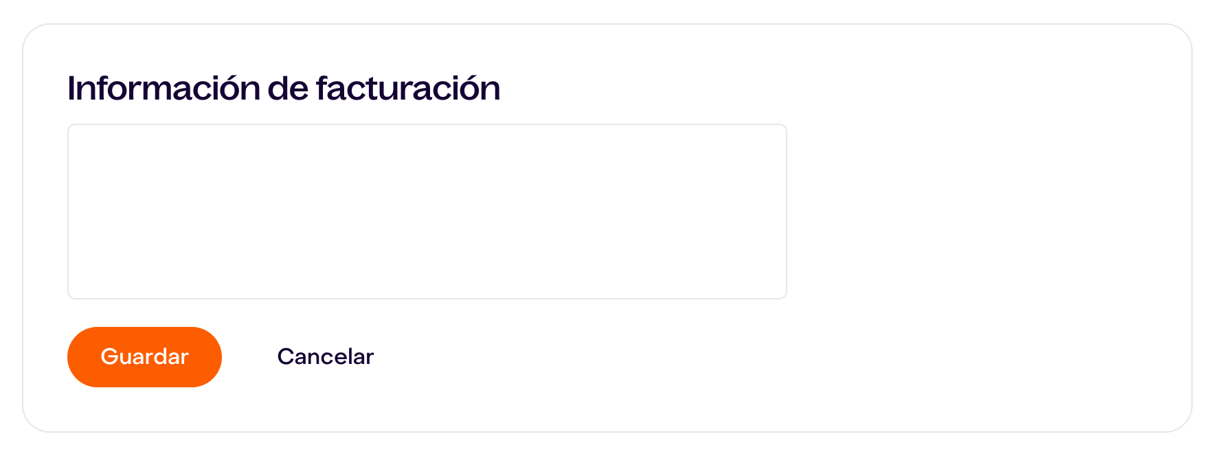Formulario vacío de Información de facturación con Guardar y Cancelar.