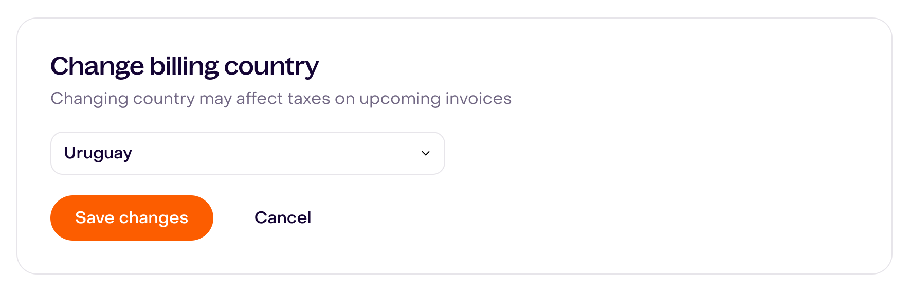 Fictional Change Country form with Uruguay selected and the notice about taxes on future invoices.