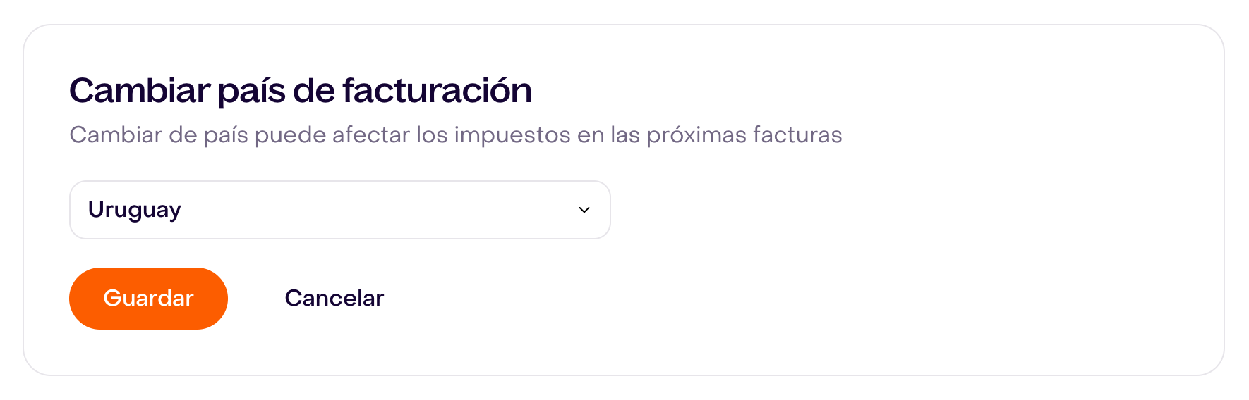 Formulario ficticio Cambiar de País con Uruguay seleccionado y el aviso sobre impuestos en facturas futuras.