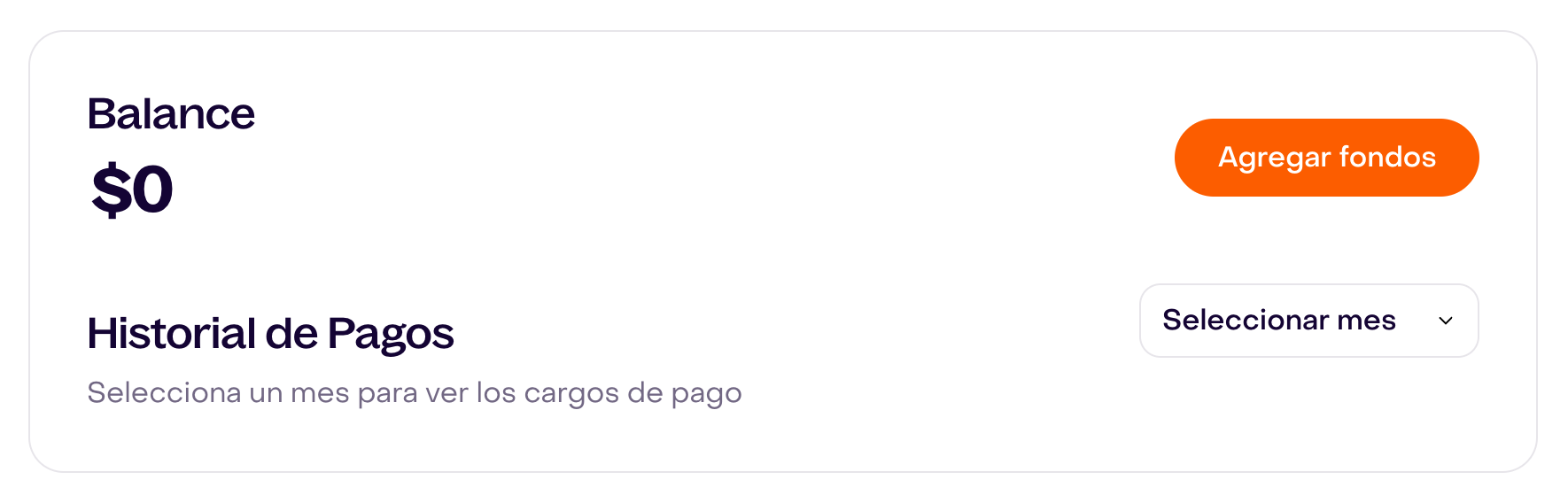 Saldo ficticio en cero e historial de pagos abierto con el control Seleccionar mes.