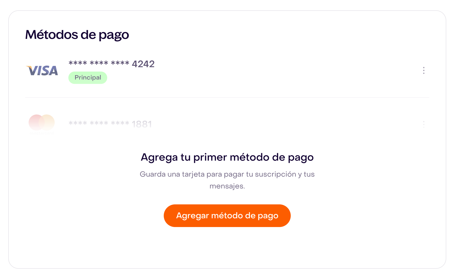 Estado vacío ficticio de Métodos de pago con el botón Agregar método de pago; las tarjetas atenuadas son una vista previa, no métodos guardados.